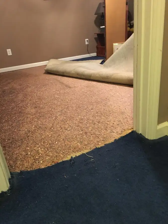 Carpet pad removal revealing water damage during Drying & Dehumidification in Jennings